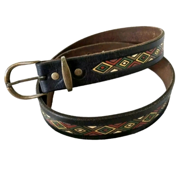 Stylish‎ Black Leather Belt with Multicolor Pattern - Picture 1 of 5